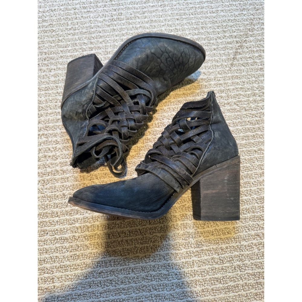 Free People Woven Leather Ankle Boots Black Boho Cutout Block Heel Booties 37
